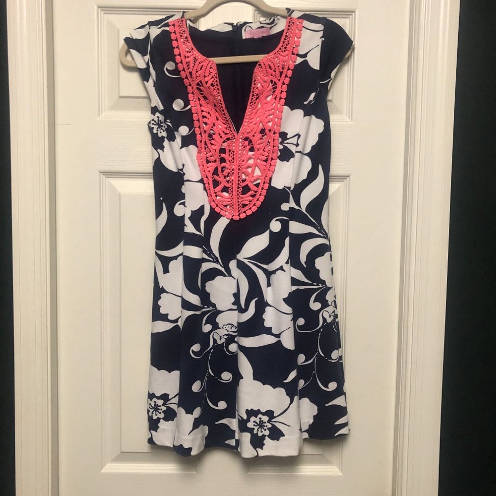 Lilly Pulitzer Navy & White with Hot Pink Trim Shift Dress, Size Small
